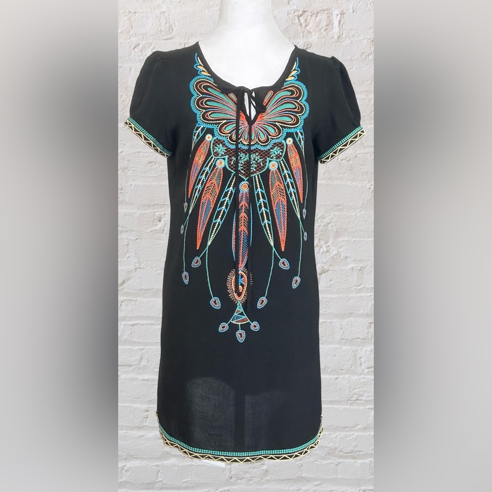 Anthropologie Flying Tomato Hippie Boho Embroidered Dress Sz S Southwestern